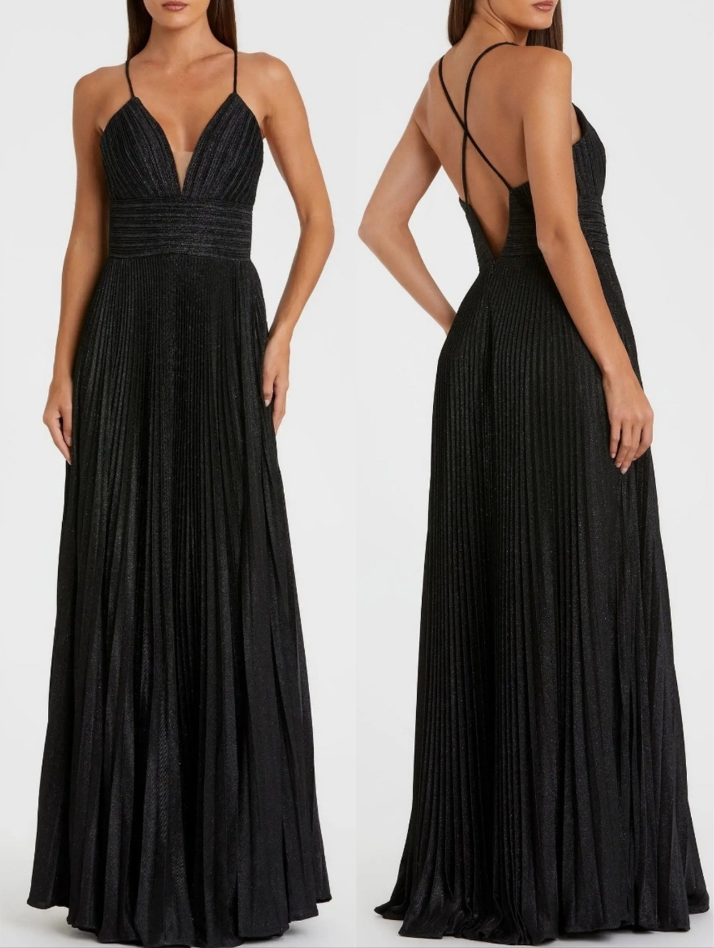 Ieena Mac Duggal 30725 Black Glitter Sleeveless Plunge V-Neck Gown Dress 2 NWT